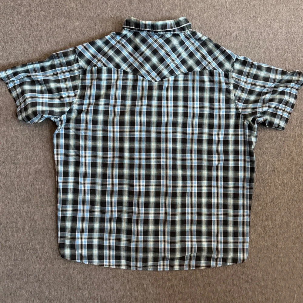 Wrangler Mens Western Snap Shirt 2XL Blue Black Plaid Short Sleeve Pearl Snap
